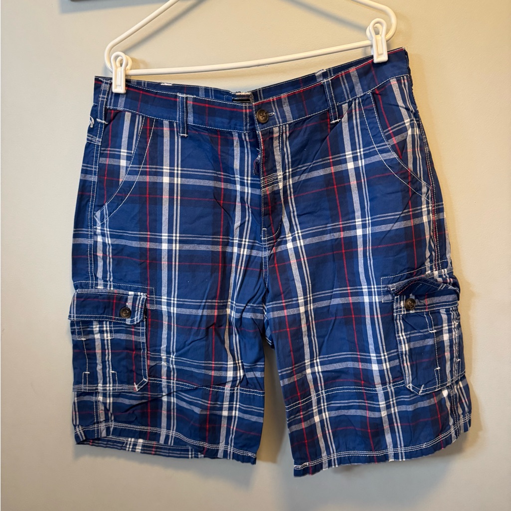 Buffalo David Bitton Blue, White, And Red Plaid Cargo Shorts